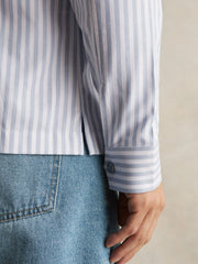 Men Cotton Stripe Zip-Through Shirt in White/Soft Blue