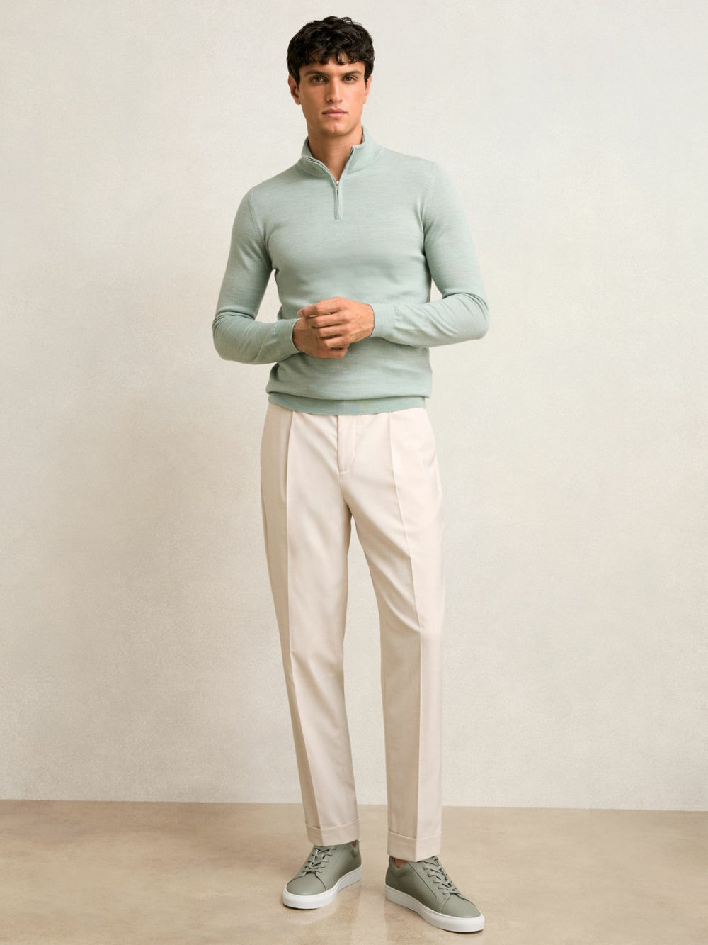 Men Merino Wool Half-Zip Jumper in Sage Green Melange
