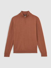 Men Merino Wool Half-Zip Jumper in Cinnamon Brown