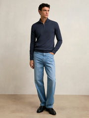 Men Merino Wool Half-Zip Jumper in Midnight Navy