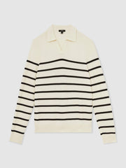 Men Cotton Blend Stripe Knit Polo Shirt in Warm Stone/Black