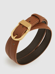 Women Leather Curved-Buckle Belt in Tan