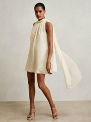 Women Draped Chiffon Sleeveless Mini Dress in Ivory