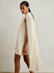 Women Draped Chiffon Sleeveless Mini Dress in Ivory