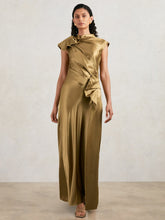 Women Acler Draped Satin Midi Dress in Gold Moss