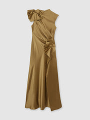 Women Acler Draped Satin Midi Dress in Gold Moss