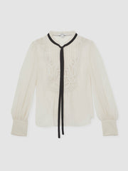 Women Lace-Embroidered Tie-Neck Shirt in Cream