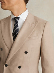 Men Slim-Fit Wool-Blend Double-Breasted Suit Blazer in Oatmeal Brown