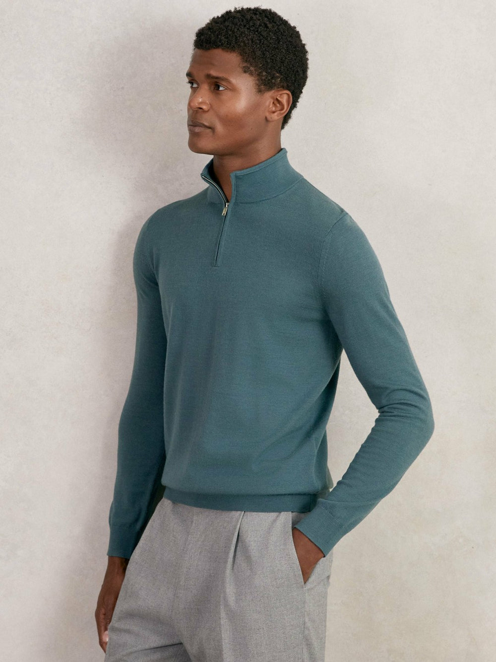 Men Merino Wool Half Zip Jumper in Orion Blue