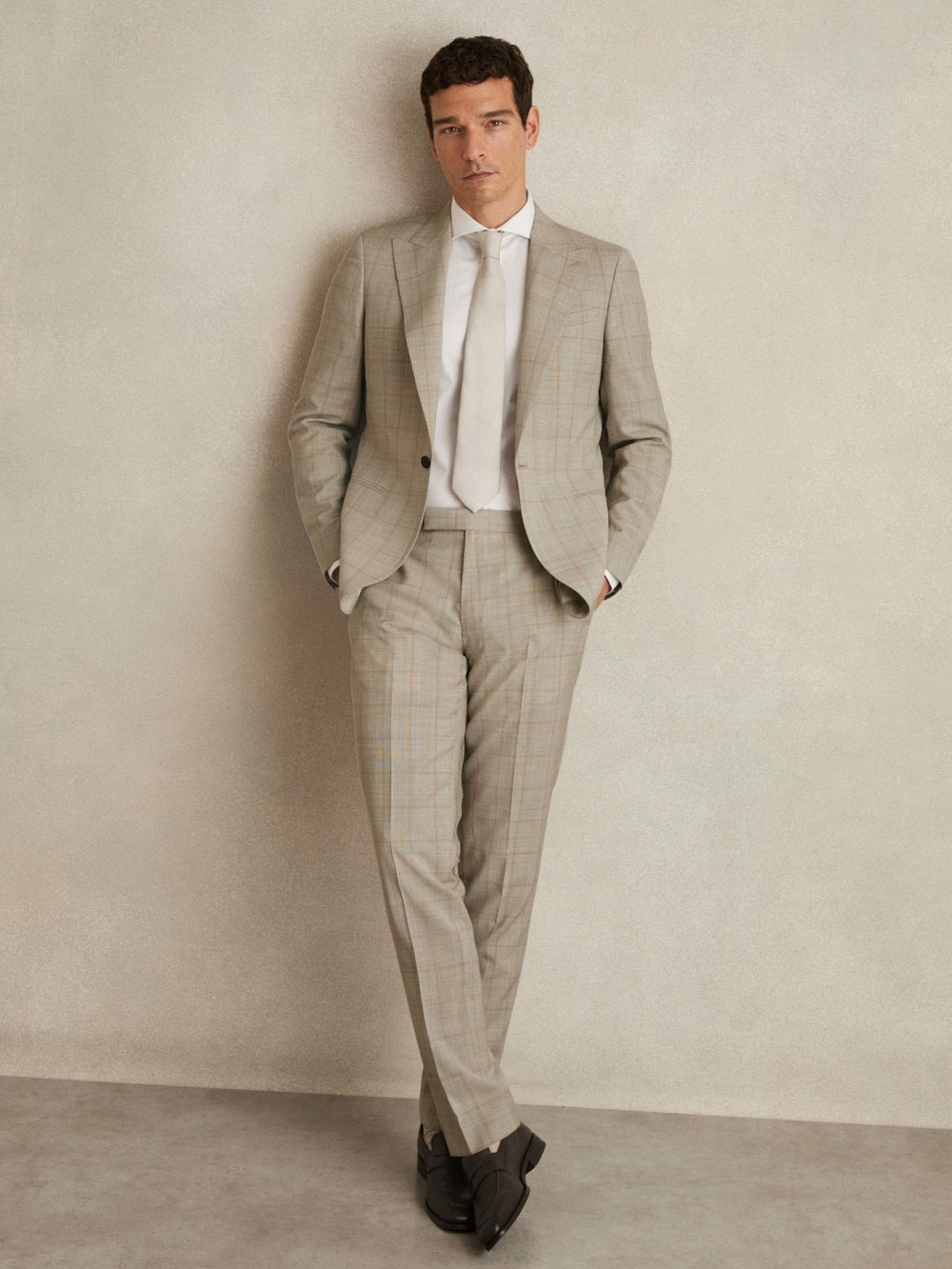Men Slim-Fit Wool Check Suit Trousers in Oatmeal Brown