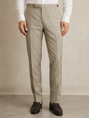 Men Slim-Fit Wool Check Suit Trousers in Oatmeal Brown