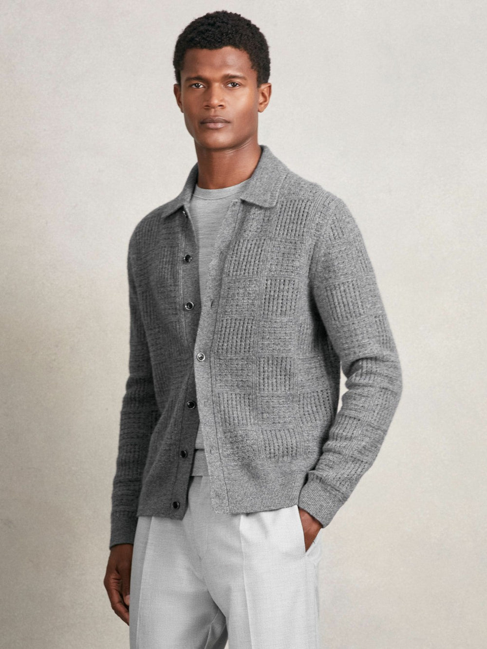 Men Wool Button Through Pointelle Shirt in Mid Grey