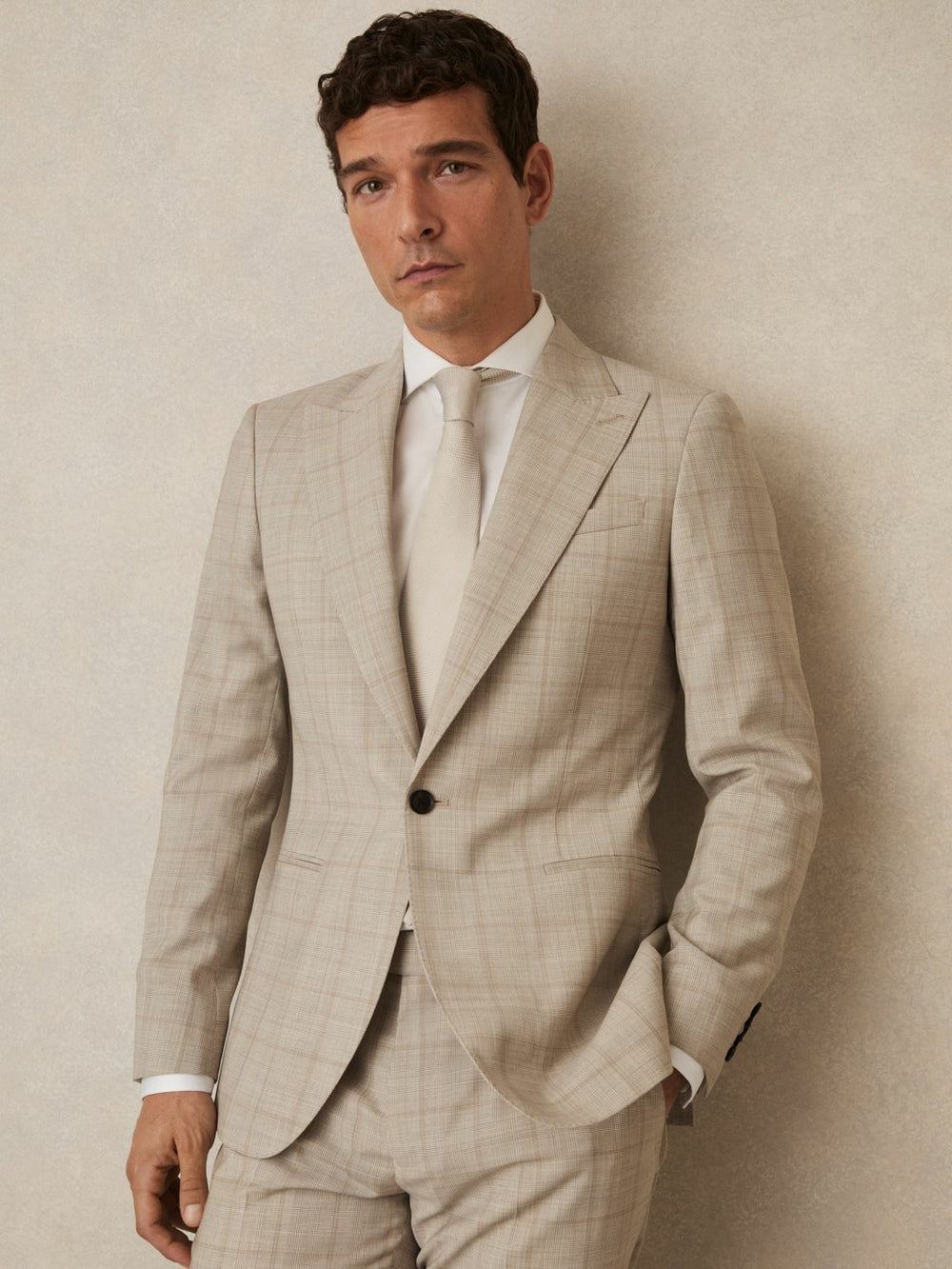 Men Slim-Fit Single-Breasted Wool Check Suit Blazer in Oatmeal Brown