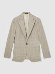 Men Slim-Fit Single-Breasted Wool Check Suit Blazer in Oatmeal Brown