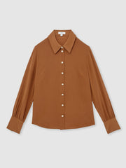 Women Silk Embossed-Button Shirt in Tan Brown