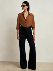 Women Silk Embossed-Button Shirt in Tan Brown