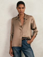 Women Silk-Satin Concealed-Placket Shirt in Taupe Brown