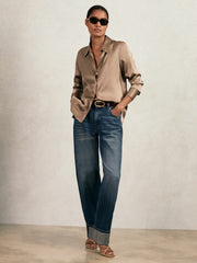 Women Silk-Satin Concealed-Placket Shirt in Taupe Brown