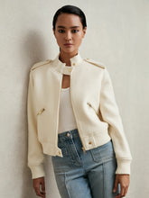 Women Brushed Wool Epaulette Bomber Jacket in Cream