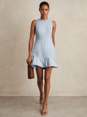 Women Structured Ruffle-Hem Mini Dress in Blue