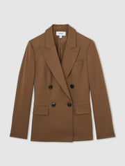 Women Wool-Blend Double-Breasted Suit Blazer in Tan