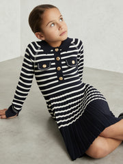 Children & Baby 13-14 yrs Button-Detail Stripe Knitted Dress in Navy/White