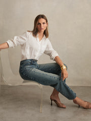 Women Petite Barrel-Leg Seam Jeans in Mid Blue