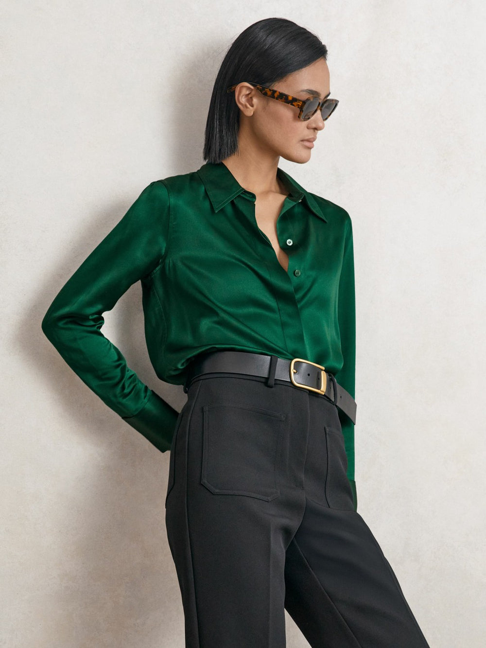 Women Silk-Satin Concealed-Placket Shirt in Green