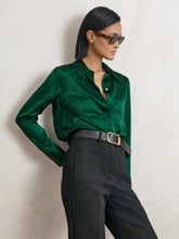 Women Silk-Satin Concealed-Placket Shirt in Green
