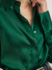 Women Silk-Satin Concealed-Placket Shirt in Green
