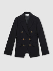 Women Petite Wool-Blend Double-Breasted Blazer in Navy