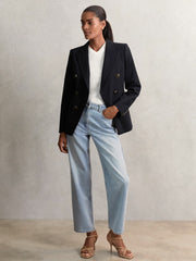 Women Petite Wool-Blend Double-Breasted Blazer in Navy