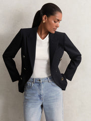 Women Petite Wool-Blend Double-Breasted Blazer in Navy