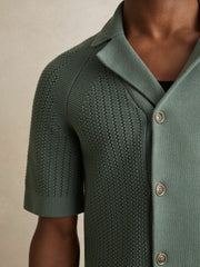 Men Cotton Textured-Knit Cuban-Collar Shirt in Pine Green