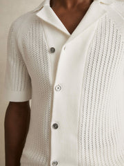Men Cotton Textured-Knit Cuban-Collar Shirt in White