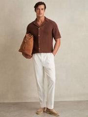 Men Cotton Textured-Knit Cuban-Collar Shirt in Tobacco Brown