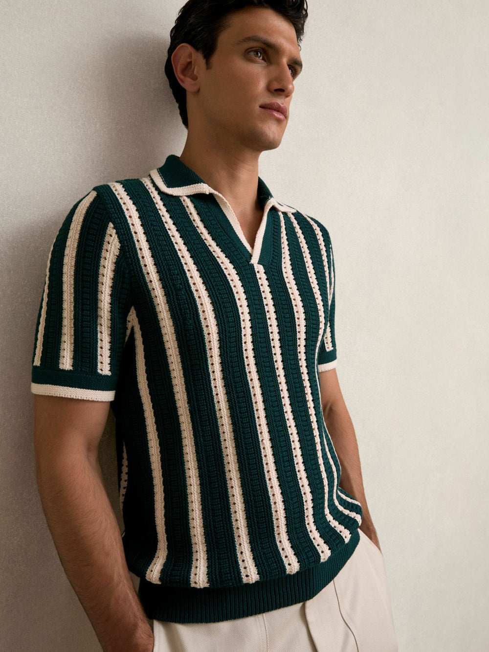 Men Cotton Blend Stripe Knit Polo Shirt in Dark Teal Green/Ecru
