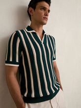 Men Cotton Blend Stripe Knit Polo Shirt in Dark Teal Green/Ecru