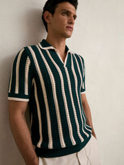 Men Cotton Blend Stripe Knit Polo Shirt in Dark Teal Green/Ecru