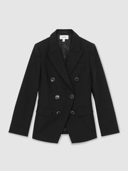 Women Petite Wool-Blend Double-Breasted Blazer in Black