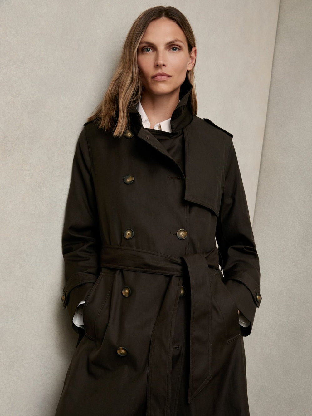 Women Petite Hooded Insert Trench Coat in Chocolate Brown