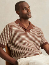 Men Cotton Textured Knit Stripe Polo Shirt in Tobacco Brown/ Off White