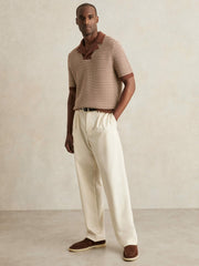 Men Cotton Textured Knit Stripe Polo Shirt in Tobacco Brown/ Off White