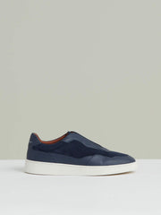 Men Leather Elasticated-Lace Trainers in Navy Blue