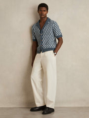 Men Cotton Checkerboard-Knit Shirt in Airforce Blue/Soft Blue
