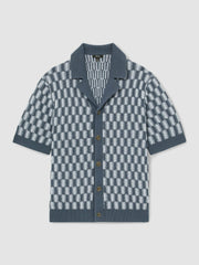 Men Cotton Checkerboard-Knit Shirt in Airforce Blue/Soft Blue