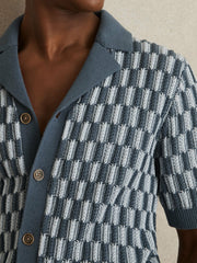 Men Cotton Checkerboard-Knit Shirt in Airforce Blue/Soft Blue