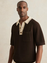 Men Cotton Textured Knit Contrast Polo Shirt in Dark Brown/Stone