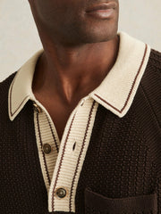 Men Cotton Textured Knit Contrast Polo Shirt in Dark Brown/Stone