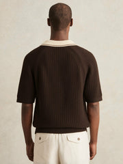 Men Cotton Textured Knit Contrast Polo Shirt in Dark Brown/Stone